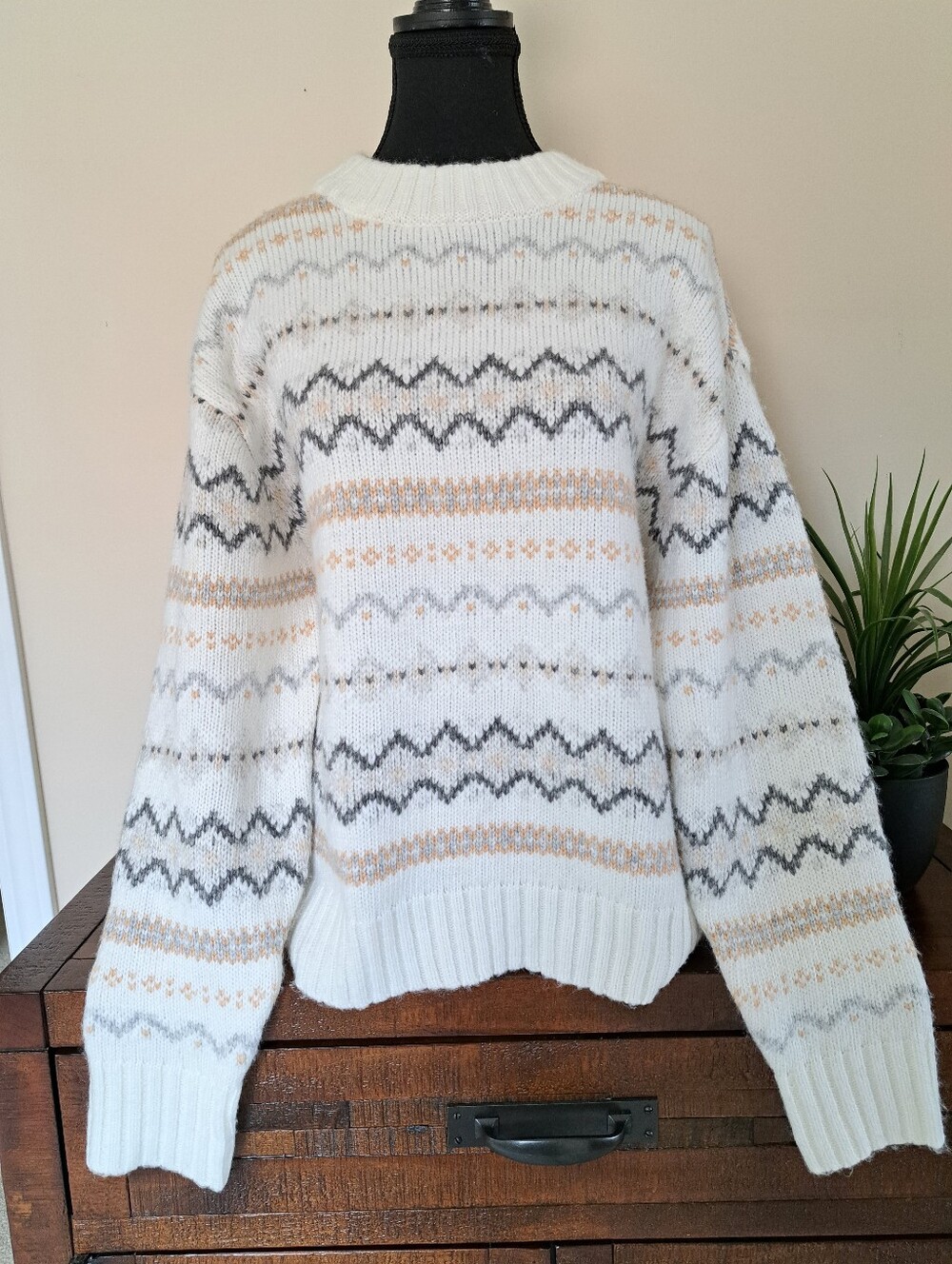 American Eagle Fair Isle Knit Sweater Women's Small Cream Mock Neck Cozy